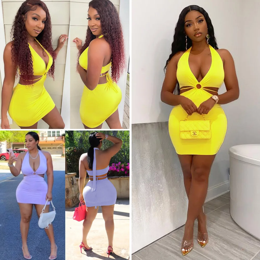 

Deep V-neck sexy backless strappy halter neck slim hip dress