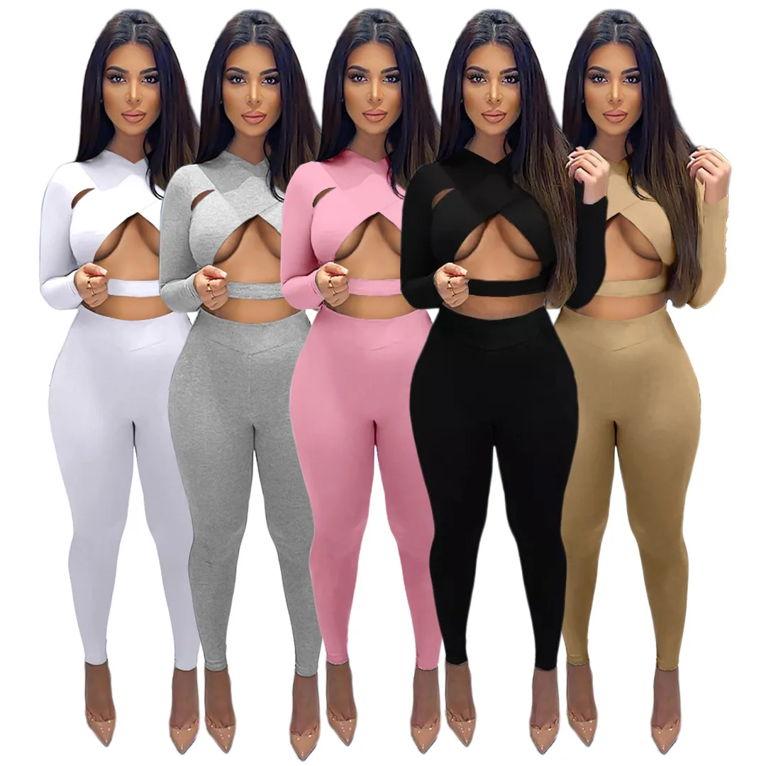 

Solid color two piece set tracksuit fall club outfits for women sexy bandage hollow out active wear set jogger D10816