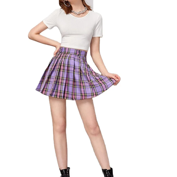 

2021 Fashion High Quality Summer High Waist Ladies Yarn Dyed Plaid Pleated Chain Skirt, Picture color,customize