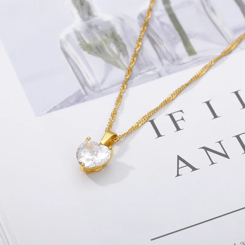 

JUHU New hot selling heart-shaped inlaid zircon pendant simple necklace stainless steel chain classic simple style jewelry, Gold/sliver