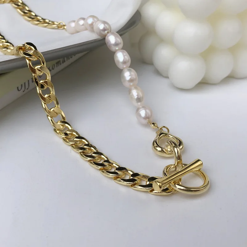 

Pearl mixed 18K real gold stainless steel brass waterpoof flesh water pearl women couple necklace
