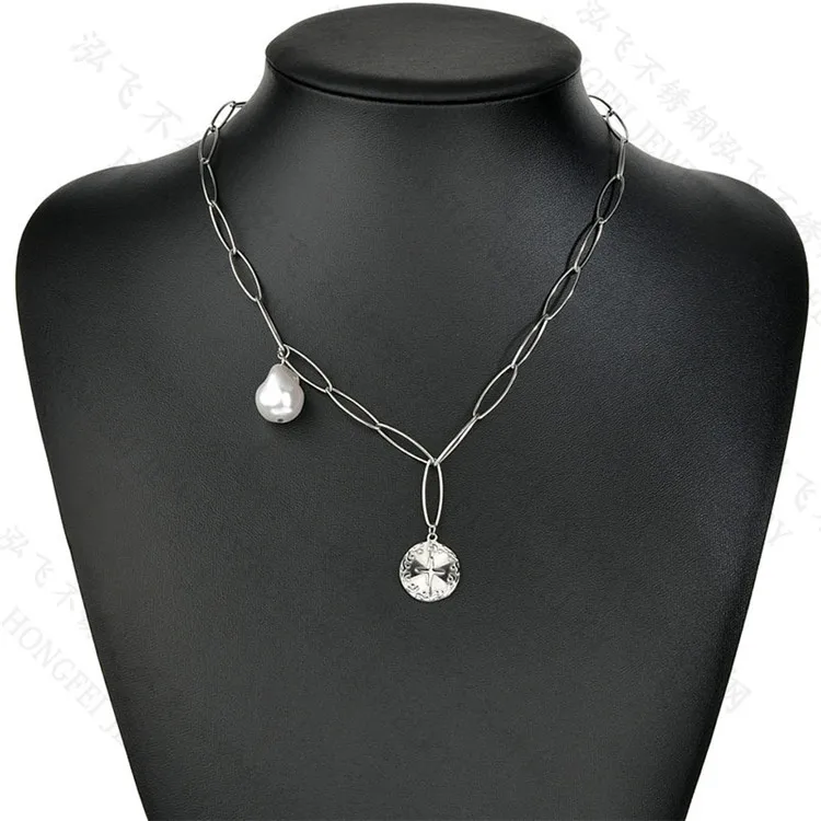 

European and American hot selling INS fashion temperament titanium steel pearl irregular round necklace clavicle chain, Picture shows
