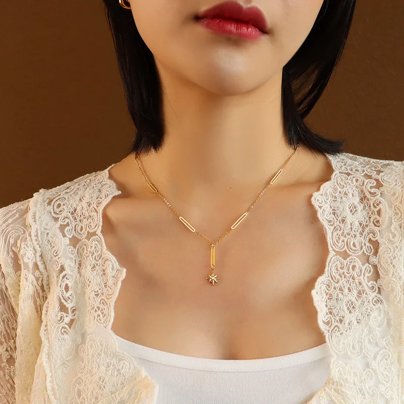 

Fashion 18k gold plated Stainless Steel Jewelry six star awn pendent stipe chain link choker necklace