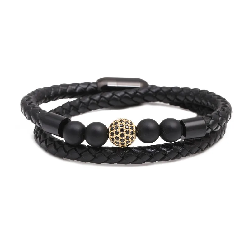 

Amazon Fashion Stainless Steel Magnetic Clasp Braiding Genuine Leather Bracelet Natural Stone Bead Bracelet For Men