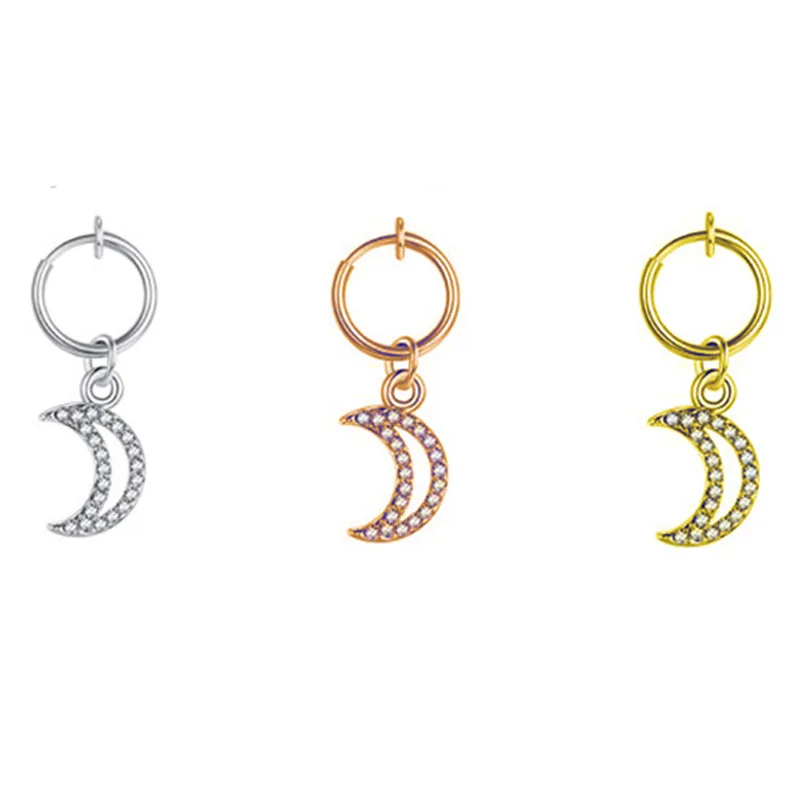 

Fashion Hollow Moon Clip on Belly Button Rings Crystal Dangling Summer Non Piercing Stainless Steel Fake Belly Piercing, Silver/gold/rose gold