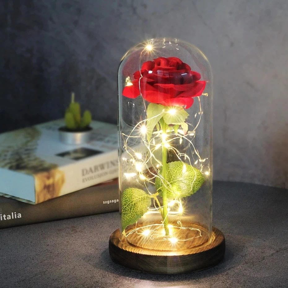 

Artificial Eternal Rose LED Light Beauty The Beast In Glass Cover Christmas Home Decor For Mother Valentines Day new Year Gift