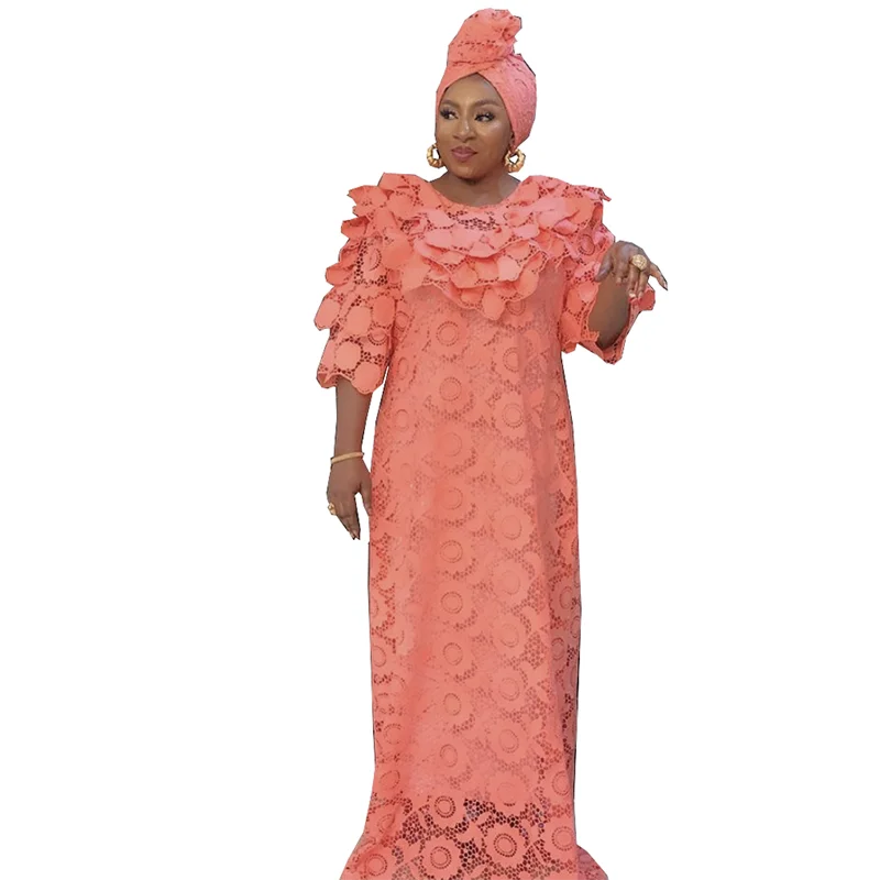

2021 African American Lace Abaya With Head Tie Mature Ladies Style Muslim Traditional Dress African Style
