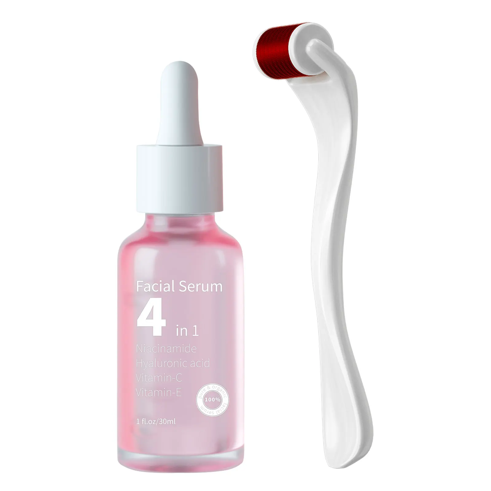 

4 in 1 Skin Care Serum Whitening 30% Vitamin C Serum with Hyaluronic Acid Vitamin E Nicotinamide with roller set, Red