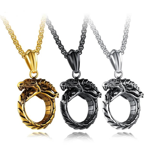 

European and American jewelry wholesale retro men's pendant greedy snake dragon eternal circle tide male necklace