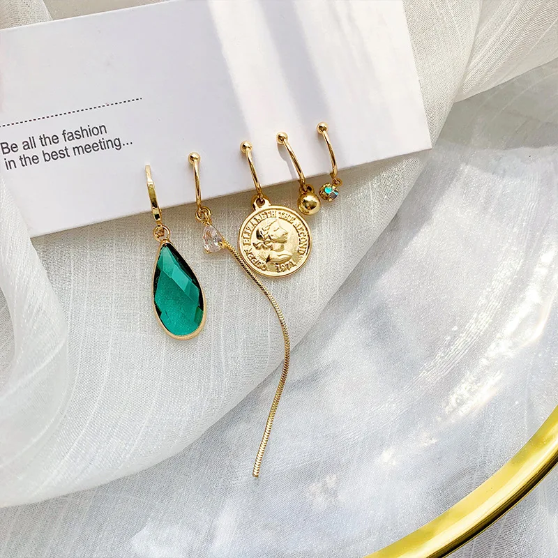 

5pcs/set green rhinestone no hole coin jewelry earrings