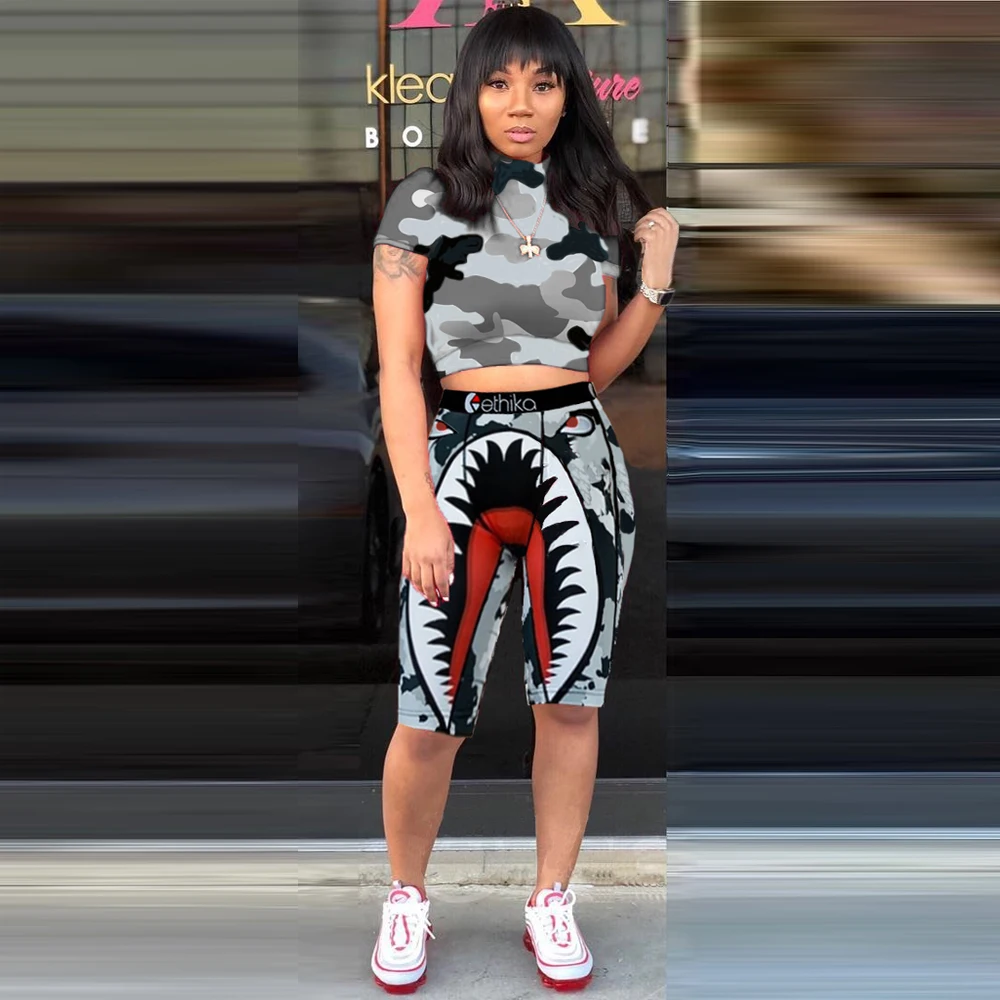 

Camo shark 2 Piece Set Women Tracksuit Festival Clothing Crop Top women short set track suit biker short sets