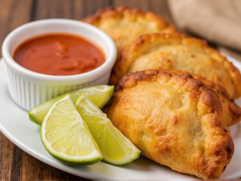 Golden baked empanadas served with vibrant ají sauce and lime wedges
