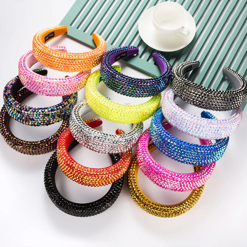 

Wholesale Flash Full Drill Wide-brimmed Headband Thickened Solid Colorful Headband Jewelry