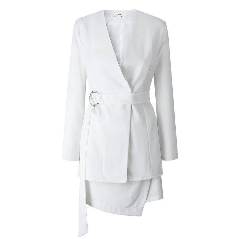 

Newest 2019 Designer Blazer Jacket Women's ring belt with mini skirt suit set