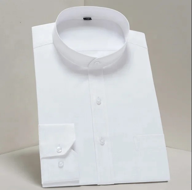 

White navy burgundy black plain slim fit Mens long sleeve mandarin collar no collar band collar dress shirt, As picture