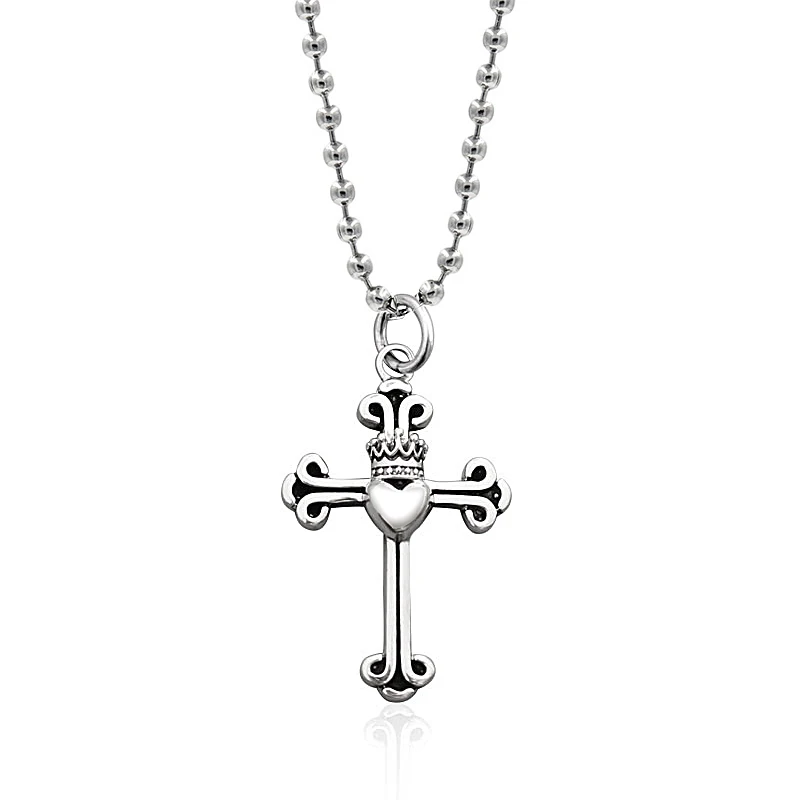 

Fukarni Wholesales Heart 925 Religious Antique Silver Pendant Cross and Crown Necklace TN015
