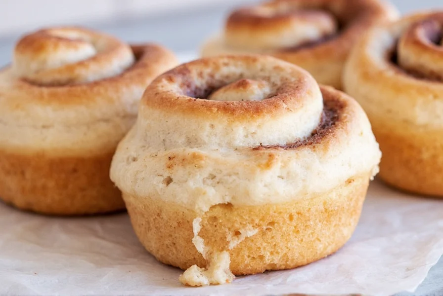 Perfectly baked gluten free cinnamon buns with creamy icing drizzled on top, golden brown exterior, soft interior visible in cross-section