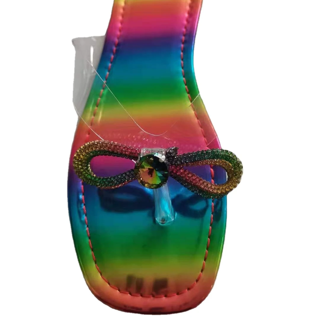 

Summer European and American square head rhinestone bow dazzle color flip-toe slippers ladies large color rhinestone slippers, Picture