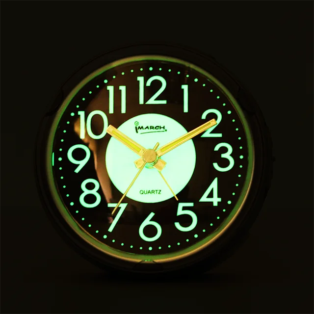 

BB08604 8 hours luminous AA battery operated LED light luminous fluorescent glow alarm clock, Black white silver blue or customize