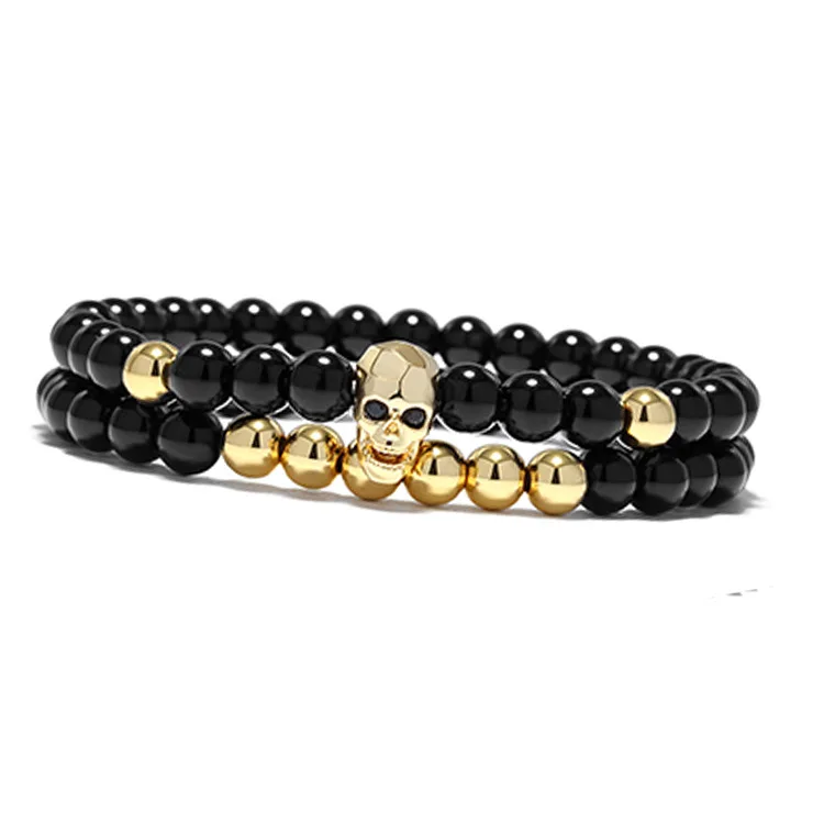 

Punk Shinny Onyx Stone Beads Bracelet For Women Men Jewellery Pulsera Hombre Armband Accessories Bileklik Skull Stone Bracelets, Gold,sliver,black,rose gold