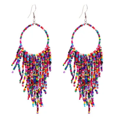

2022 Fashion Boho Exaggerated Colorful Seed Beads Circle Hook Earrings Handmade Beaded Long Tassel Earrings For Women
