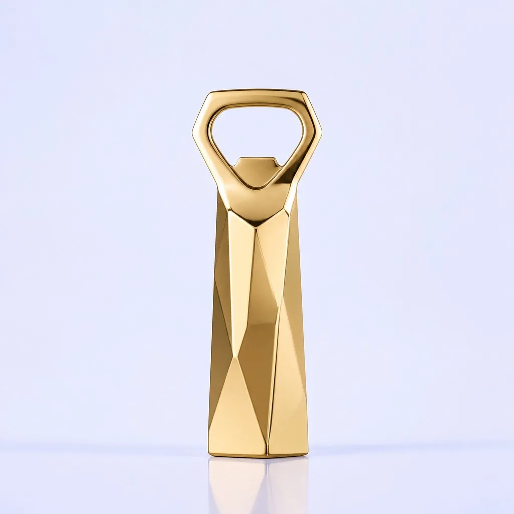 Faceted gold bottle opener standing upright with a reflective base