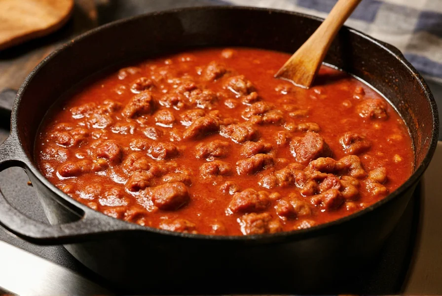 Cast iron pot with simmering chili con carne showing rich red color and visible beef chunks