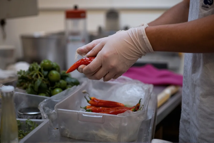 Person carefully handling ghost pepper with gloves and safety equipment