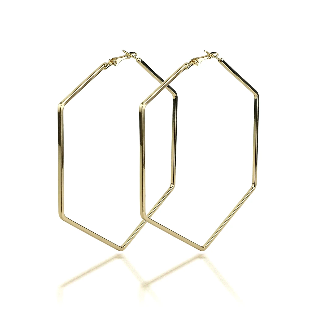 

HANSIDON Statement Metal Big Hoop Earrings Women Hot Fashion Jewelry Simple Design Hexagonal Earrings Hoops Party Accessory, Gold