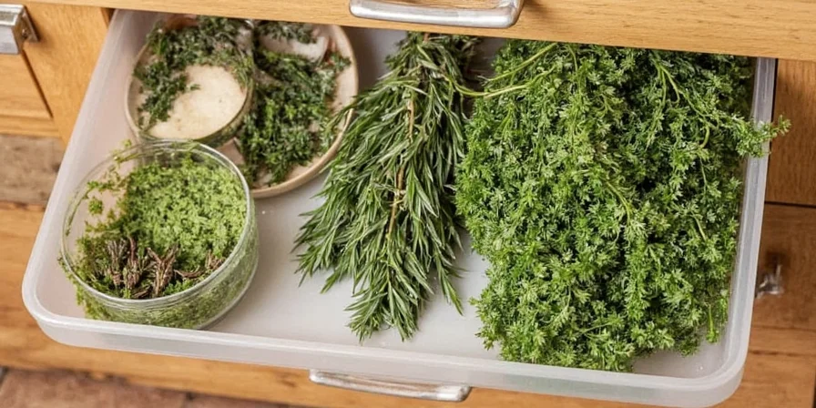 Bunches of herbs hanging to dry in a rustic kitchen setting.