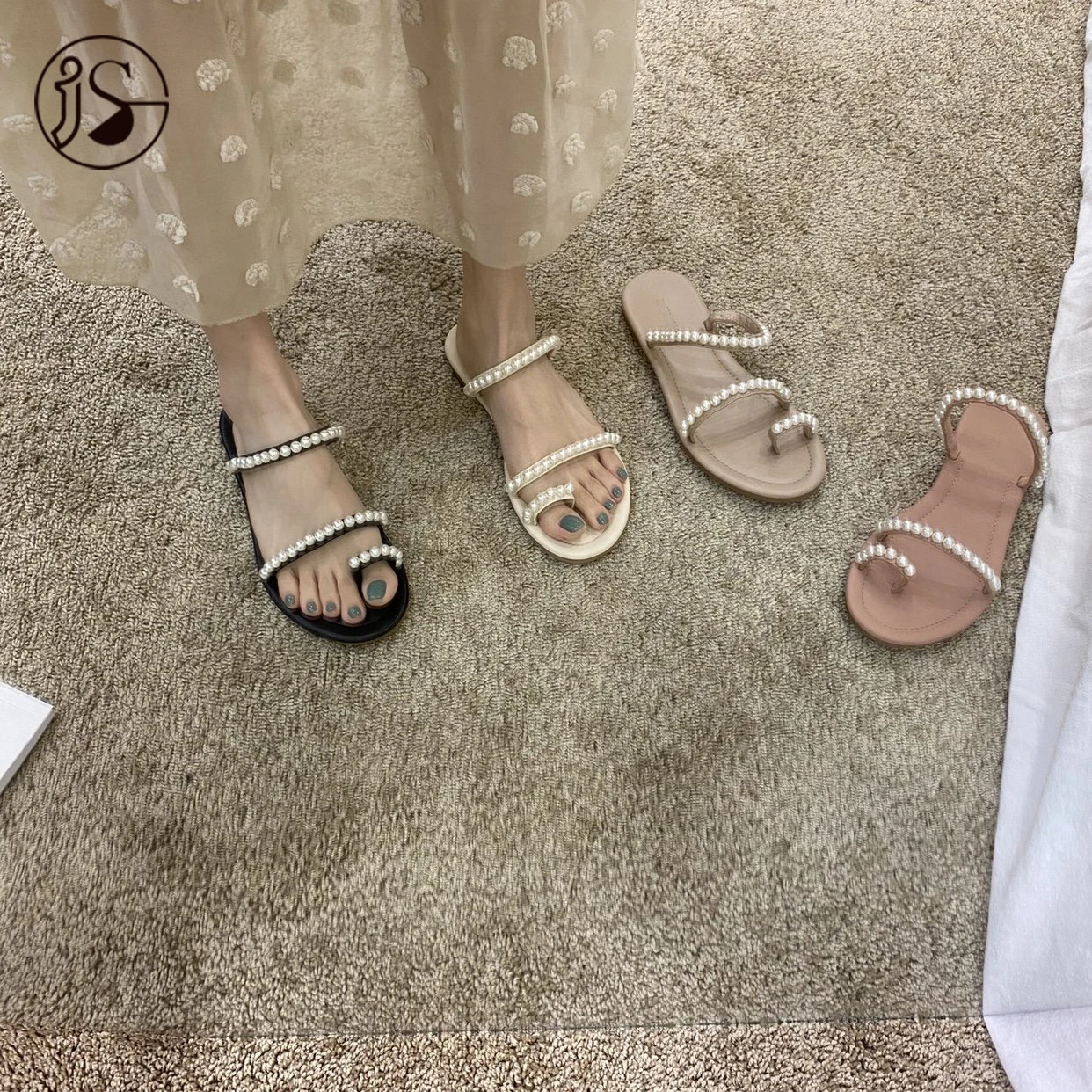 

Romanesque Straps Sandals Pearl Decorated Flat Slides Flat Sandals Ladies Women slippers Summer Resort Pearl, Picture