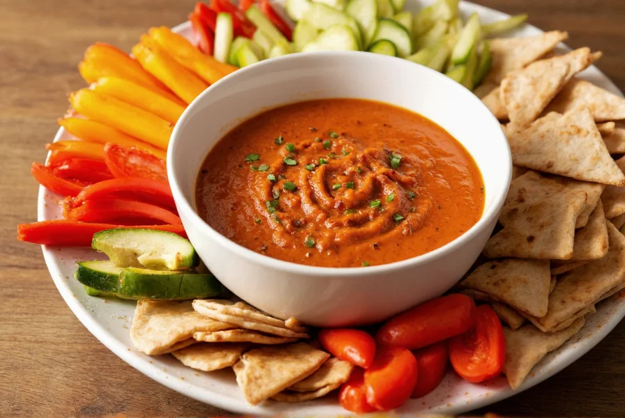 Smoky roasted red pepper dip in white bowl surrounded by colorful vegetable crudités and pita chips on wooden table