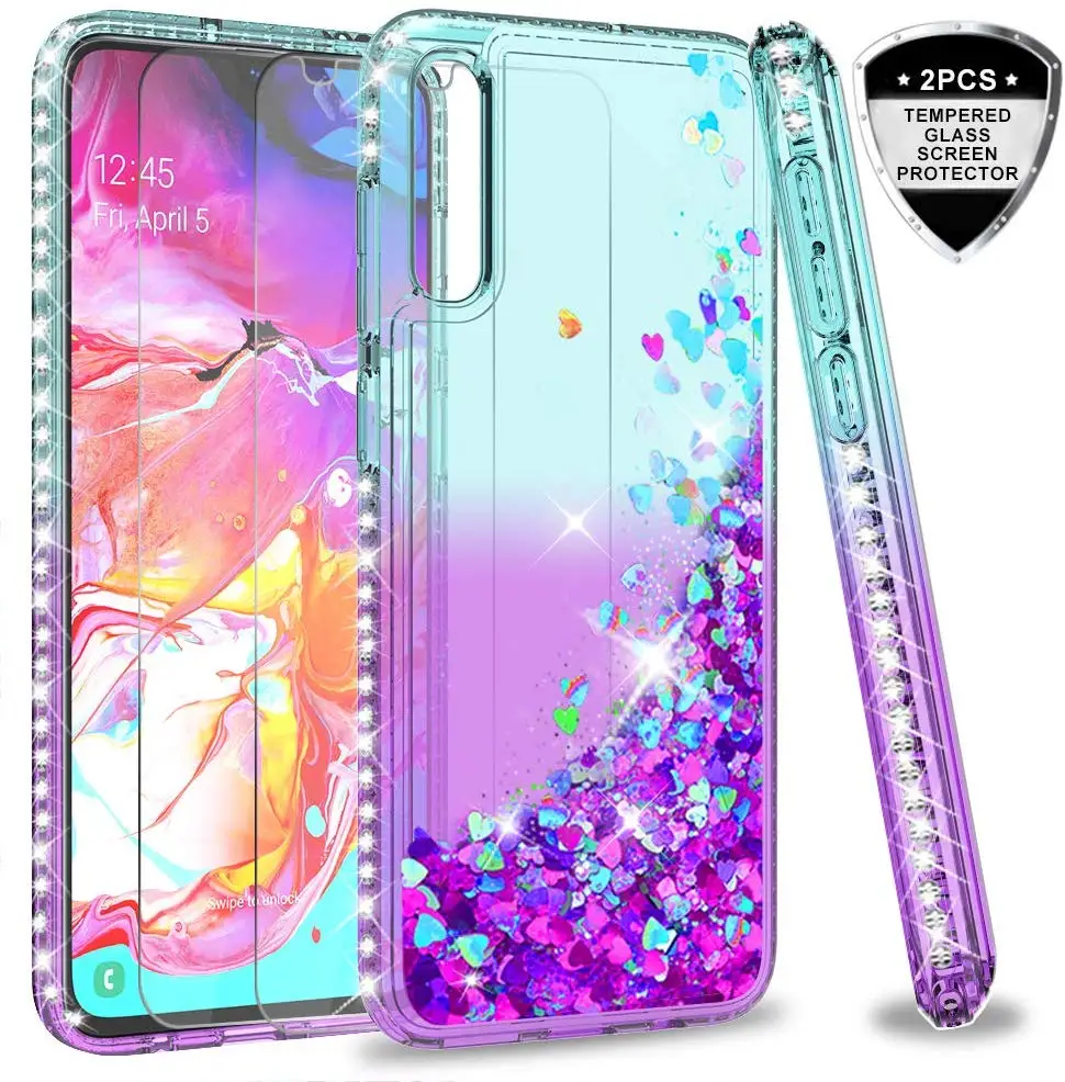 

LeYi For Samsung Galaxy A70/A70S Case with Tempered Glass Screen Protector[2 pack], 3D Glitter Liquid Shockproof Cute Clear Case