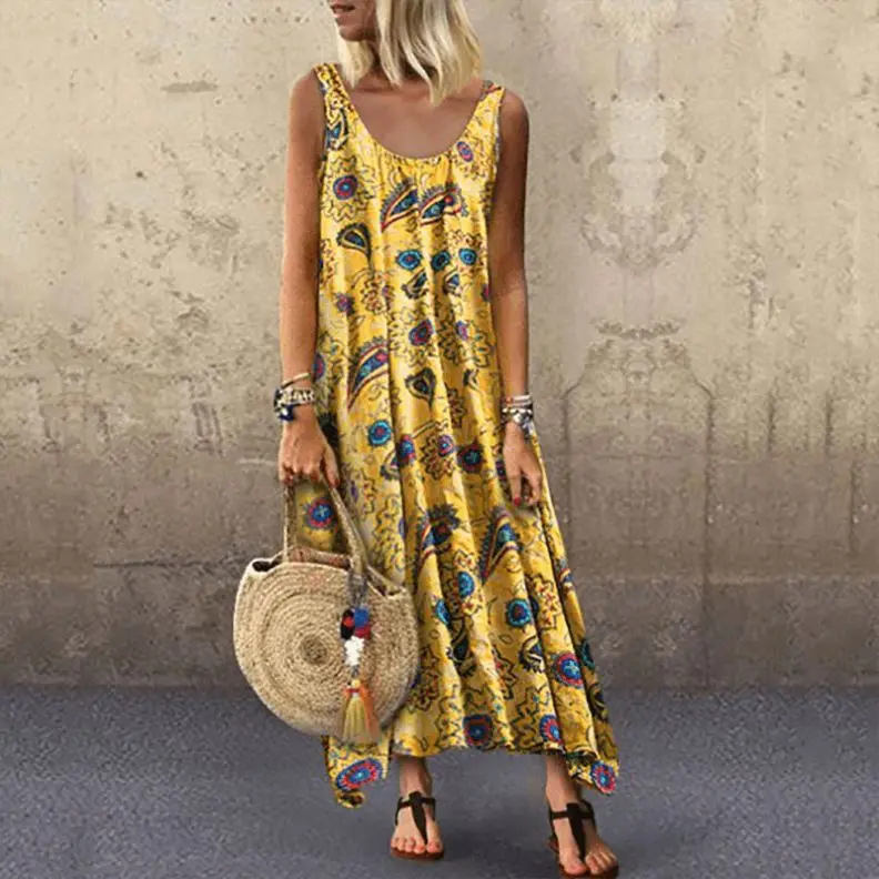 

2021 Amazon Summer Leisure Hot Sales Holiday Print Sexy Round Neck Sleeveless Dress Women's Long Skirt, 11 color