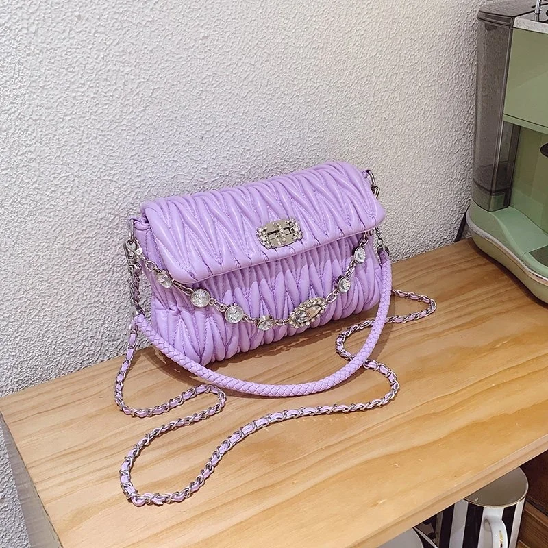 

Wholesale New Versatile Pleated Girls Square Wallet Chain Bag ruffles PU leather handbags for women, 4colors