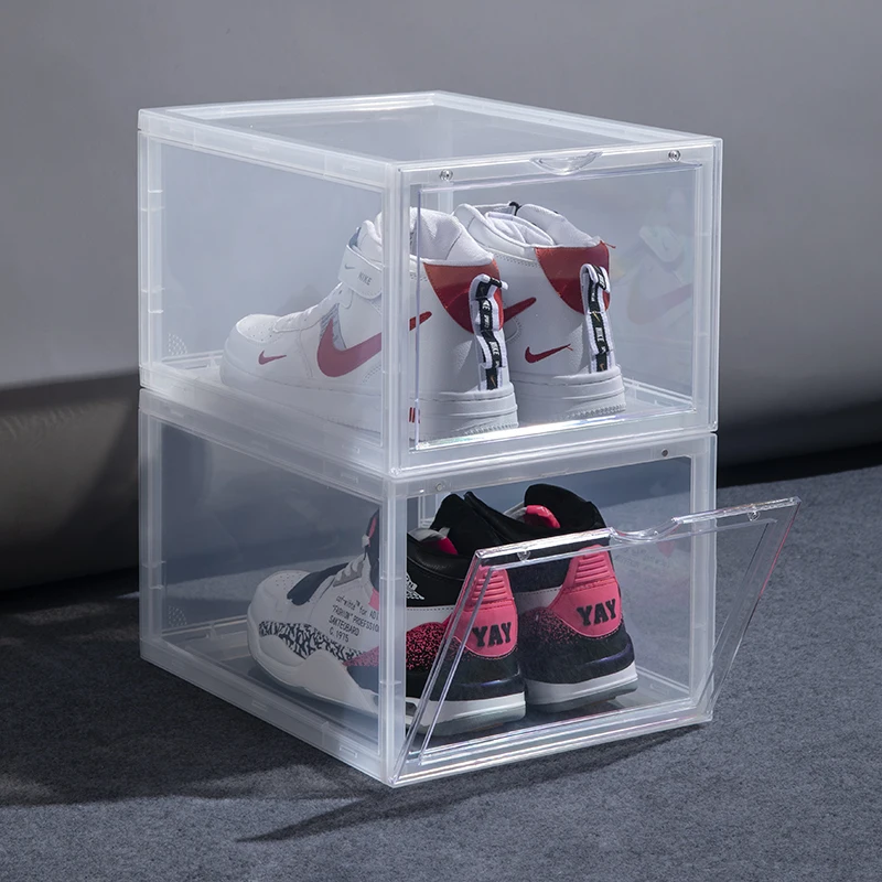 
Drop Front Clear Stackable Shoe Box with Magnetic Closure Acrylic Shoe Box Transparent Taizhou custom Display Sneaker box 