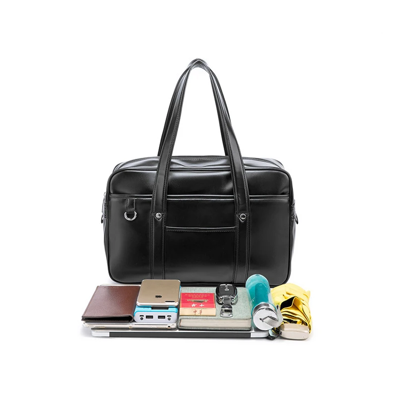 

Portable PU Leather Handbag Briefcase Shoulder Strap Japanese School Satchel Business Bags With Earplug, Black