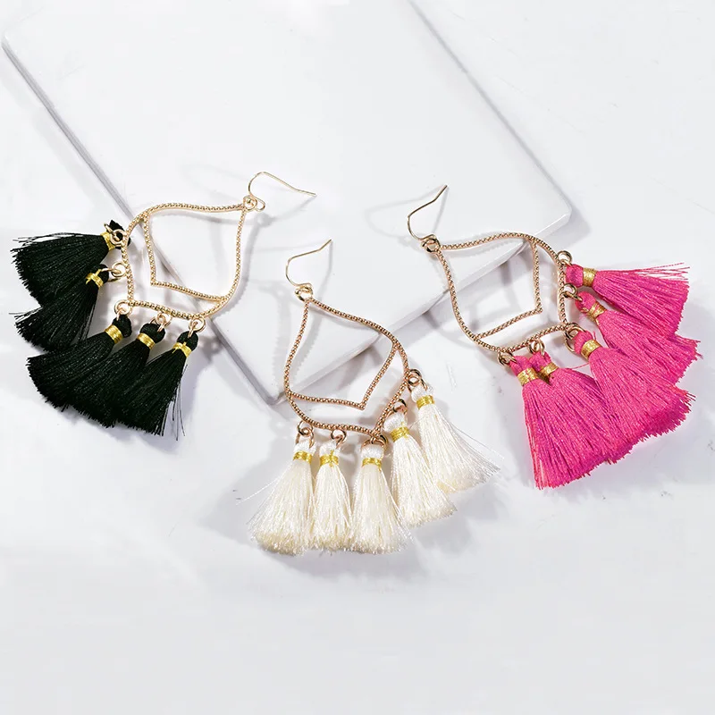 

Boho New Arrival Statement Geometric Hollow Heart Tassel Earrings Ethnic Style Tassel Earrings for Women