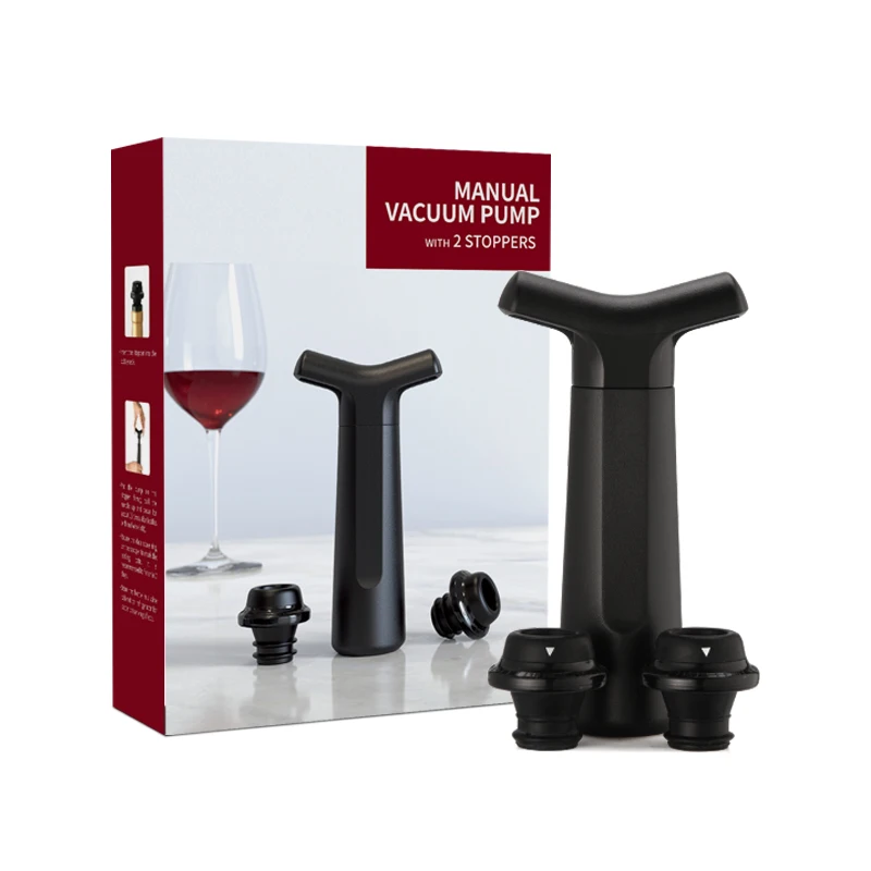

2021 Christmas Gifts Custom Wholesale Plastic Red Wine Manual Vaccum Pump with 2 Stoppers, Black