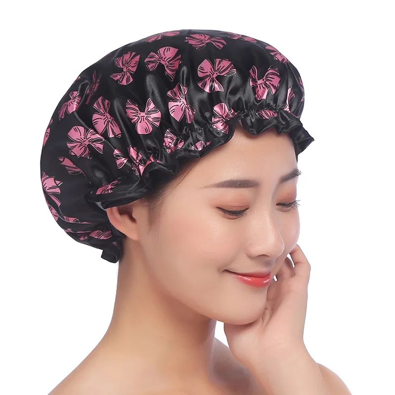 

Wholesale High Quality Printed Chiffon Shower Cap Environmental Protection Double Layer Waterproof Shower Cap For Women, Picture
