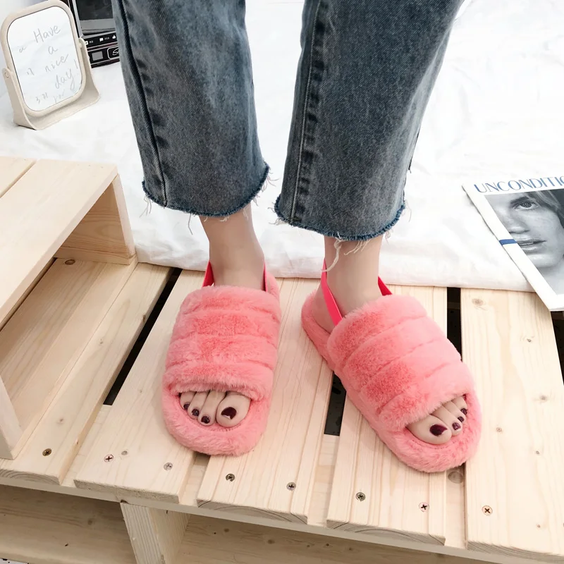 

hot sale winter Women fur fashion cute warm slide sandals furry for girl lady