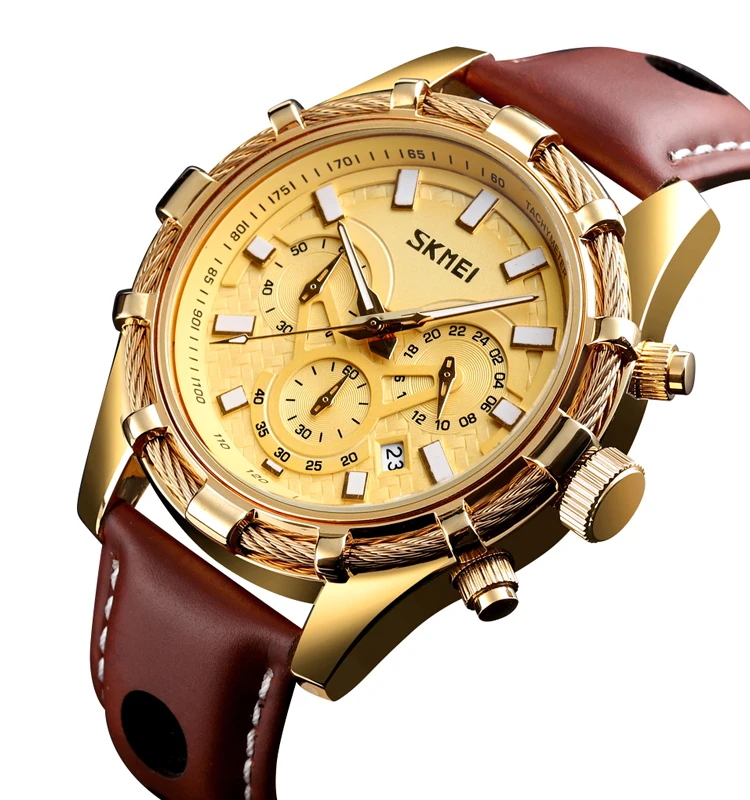 

SKMEI 9189 Men Quartz Analog Waches 3ATM Waterproof Chronograph Classic Leather Band Wrist Watch