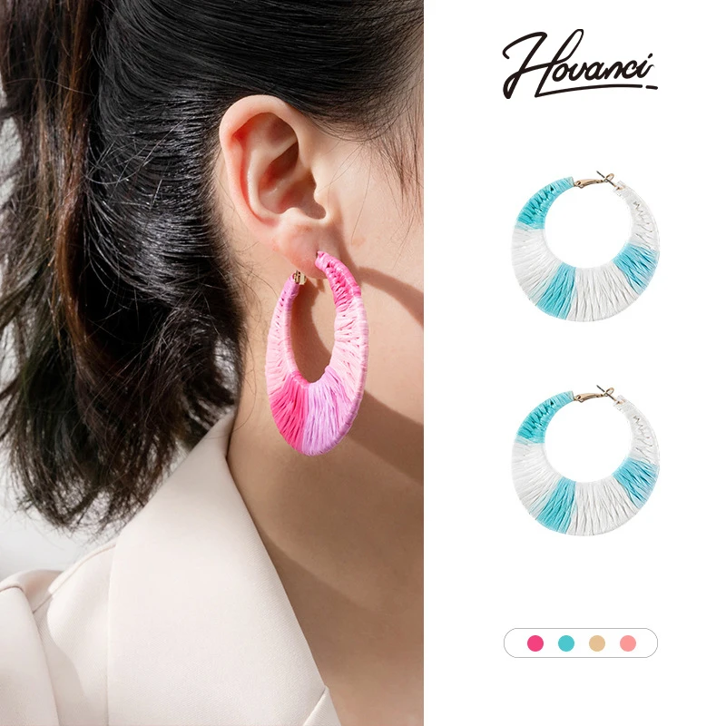 

HOVANCI Fashion Geometric Raffia Earring Handmade Rattan Woven C Shaped Drop Earrings For Women Wear Daily