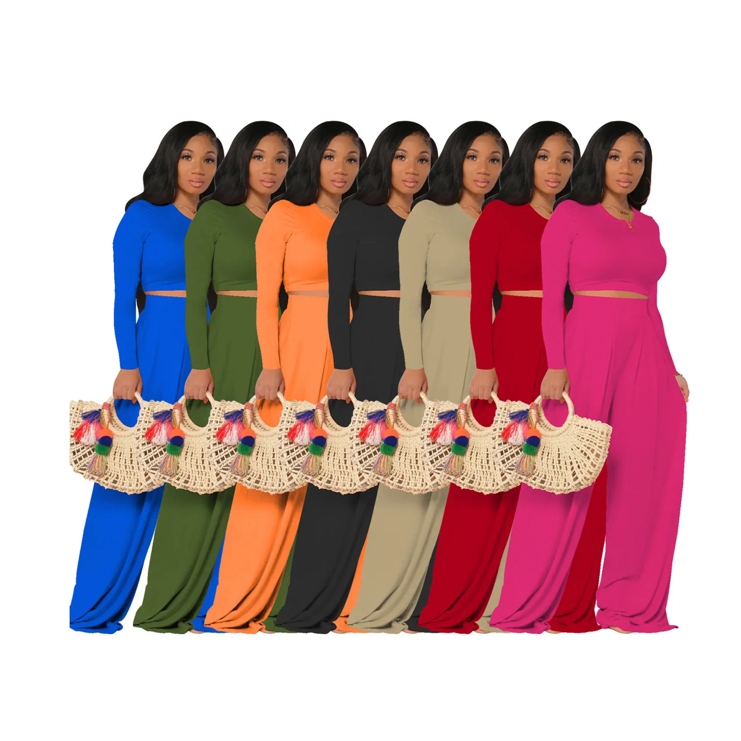 

D11274 Two piece set fall women outfit long sleeve solid colors lounge wear women casual long sleeve wide pants set