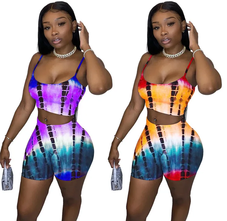 

Summer Women clothing New Tie Dye Stripes Hooded Sleeveless Top + Shorts Suit Fashion Sporty Two Piece Set Casual Tracksuit