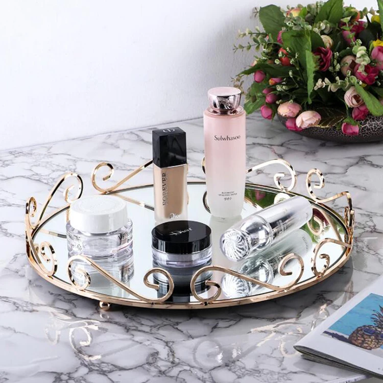 

Home Decor Luxury Round Mirrored Perfume Serving Tray Gold Glass Mirror Tray For Vanity Dresser Bathroom