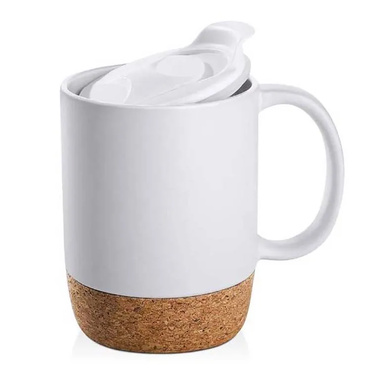 

15 oz Large Ceramic Tea Mugs with Insulated Cork and Splash Proof Lid, Beige