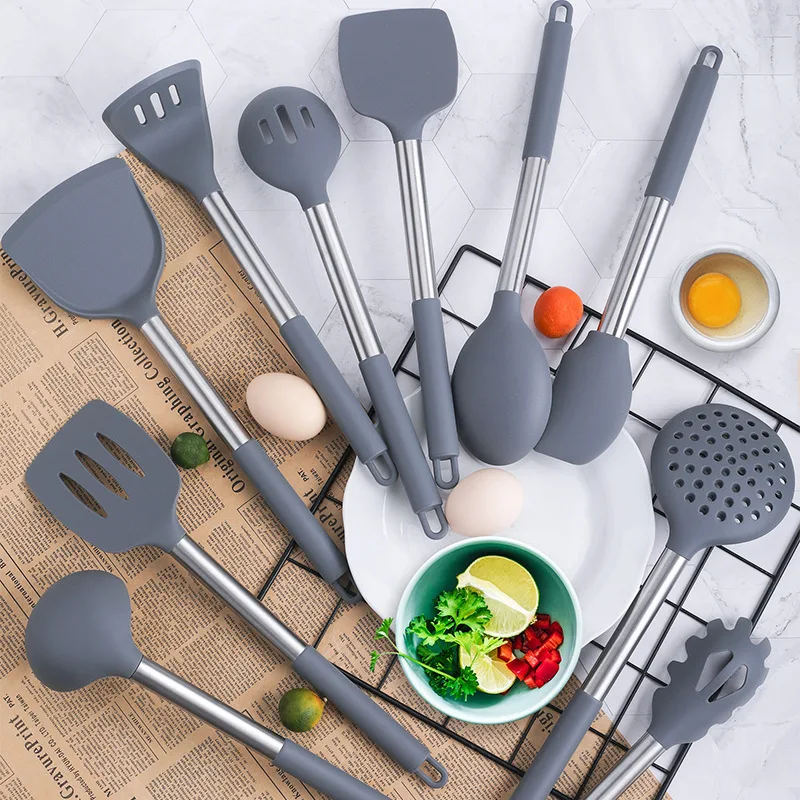 

High Quality Amazon 10pcs Silicone Stainless Steel Kitchen Utensils Sets, Dark gray