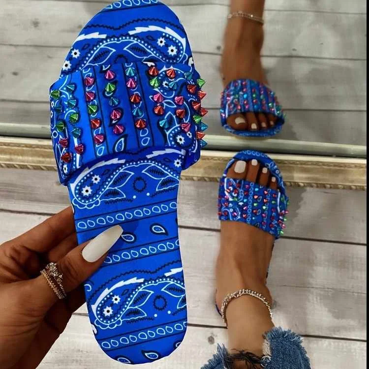 

LX-29 fashion boutique bohemia floral print silk sandals for women flat slides with rivet beaded casaul beach flip flop sandal, Picture show