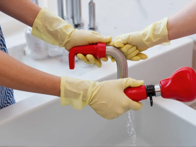 Gloved hands holding plunger and drain snake
